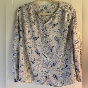 Old Navy Blouse Women’s Small White Cotton Blend Blue Floral Button Up Casual